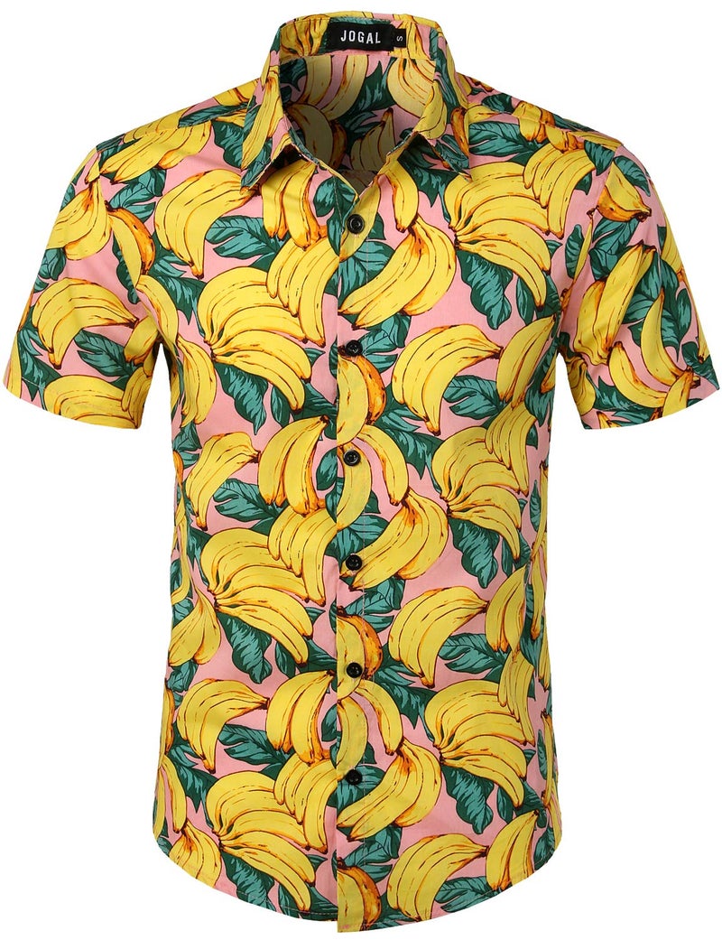 JOGAL Men's Cotton Button Down Short Sleeve Hawaiian Shirt Pink Medium - Image 1